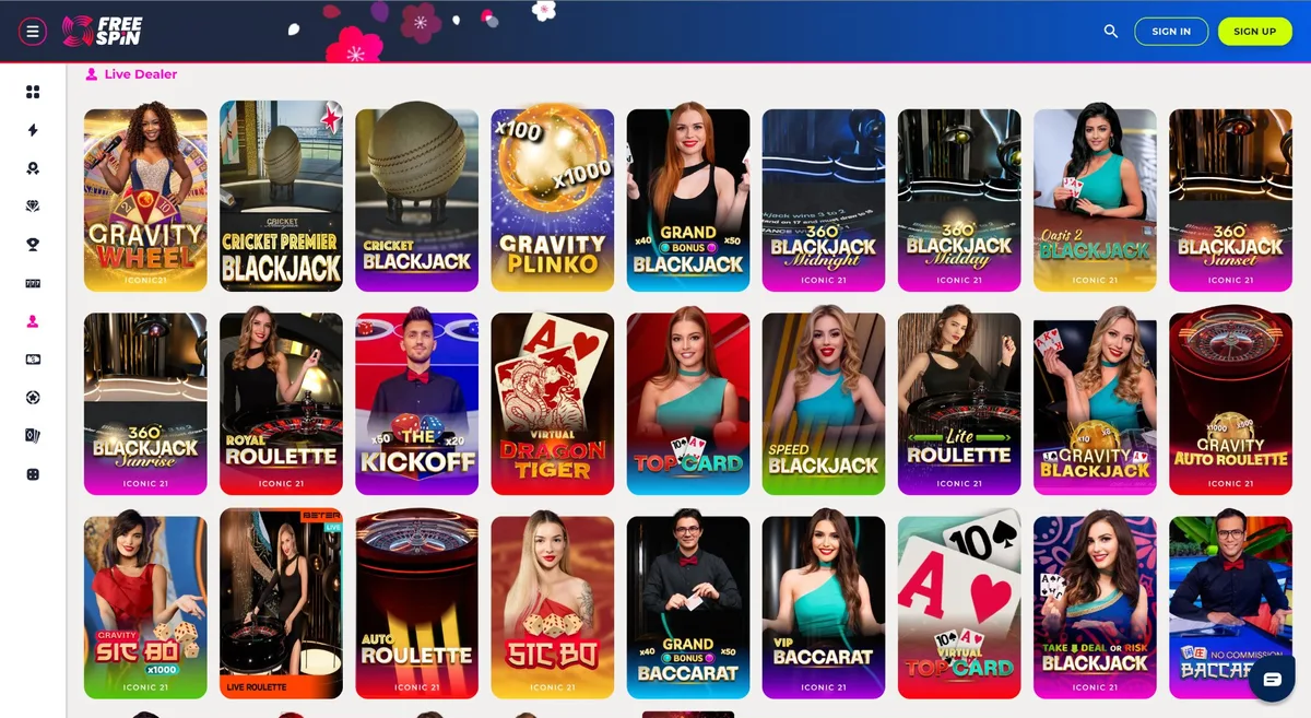 Free Spin Casino Oklahoma live dealer section with roulette and blackjack hosted by real dealers