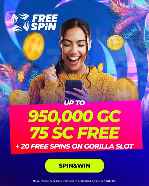 Free Spin Casino Oklahoma promo banner — 950,000 GC and 75 SC free welcome offer