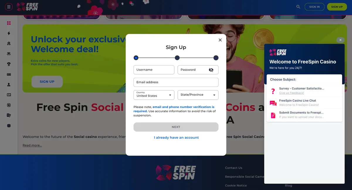 Free Spin Casino Oklahoma registration form showing state selection for Oklahoma players